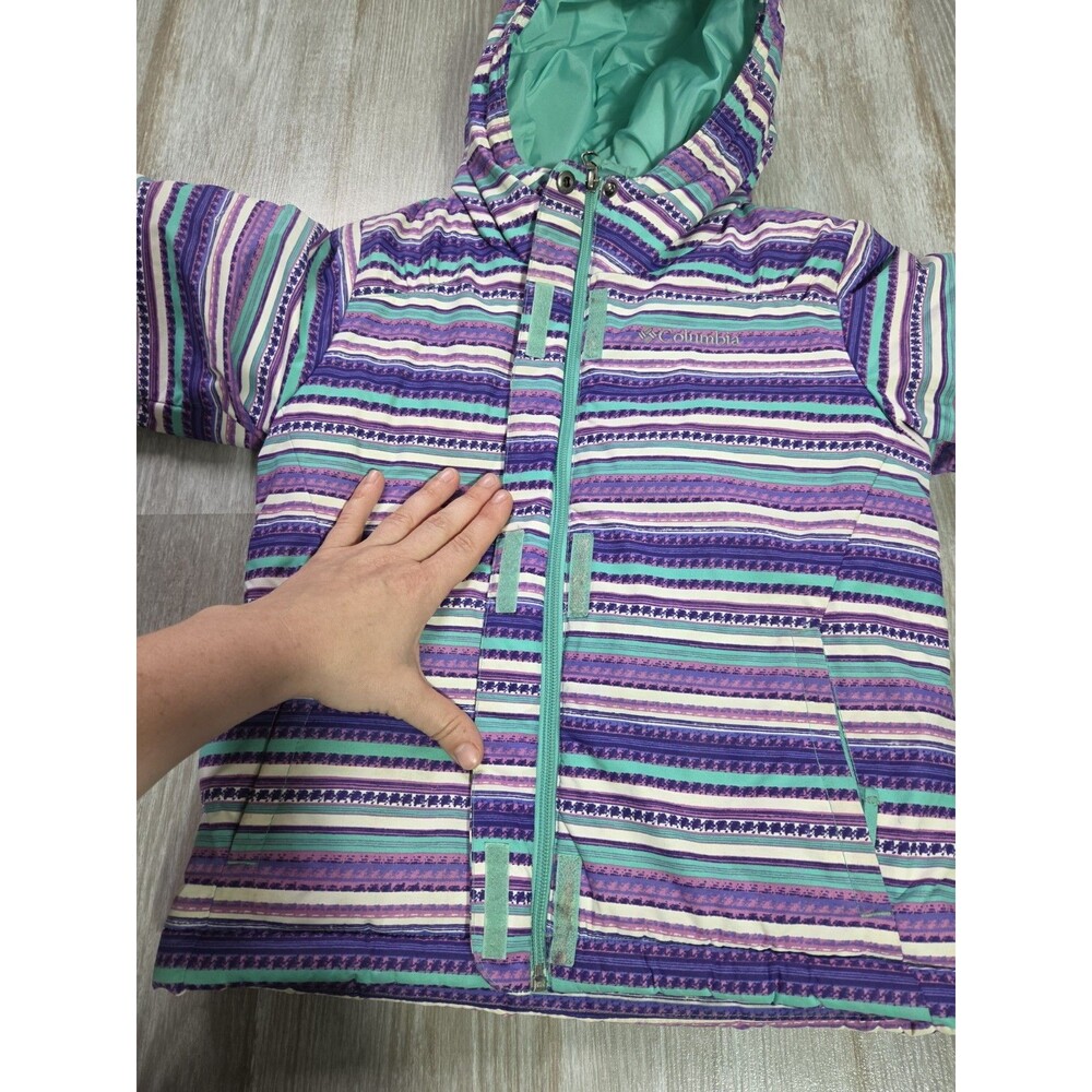 Columbia Girls Hooded Puffer Jacket Purple Teal Stripe Insulated Winter Coat XS - Picture 6 of 12